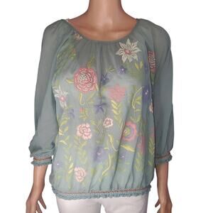 Vintage Y2K Scrapbook Embroidered Boho Blouse Size L Oversized Sage Pink USA